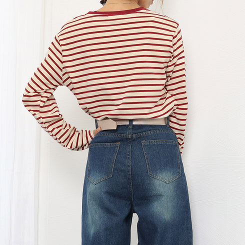 ボーダー柄tシャツ 長袖カットソー 春秋 レディース カラーボーダー ロンT ラウンドネック おしゃれ レトロTシャツ クルーネック プルオーバー 大人カジュアル 84CPMY-004