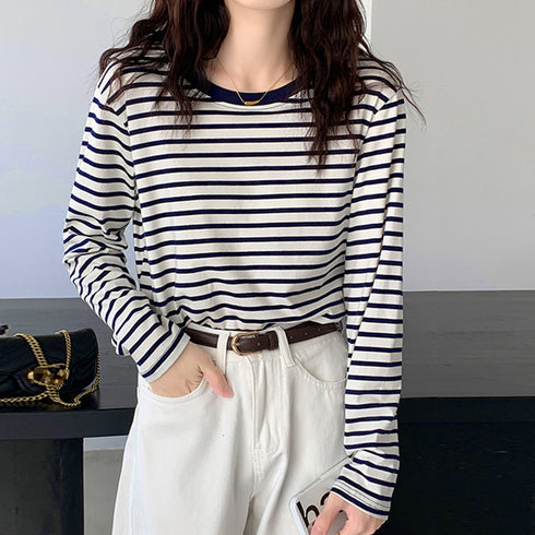 ボーダー柄tシャツ 長袖カットソー 春秋 レディース カラーボーダー ロンT ラウンドネック おしゃれ レトロTシャツ クルーネック プルオーバー 大人カジュアル 84CPMY-004