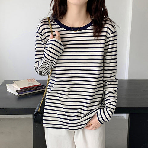 ボーダー柄tシャツ 長袖カットソー 春秋 レディース カラーボーダー ロンT ラウンドネック おしゃれ レトロTシャツ クルーネック プルオーバー 大人カジュアル 84CPMY-004