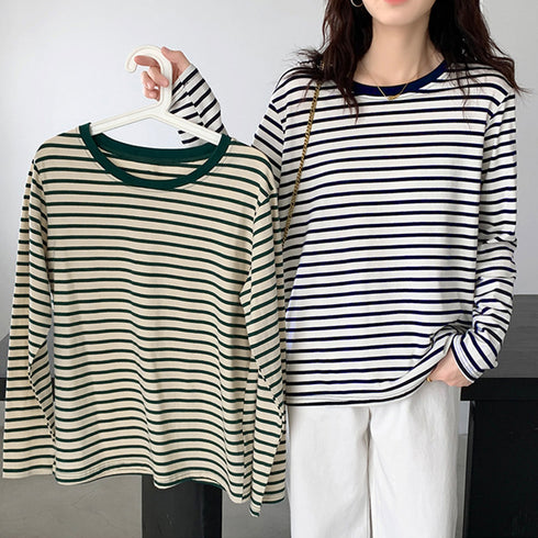 ボーダー柄tシャツ 長袖カットソー 春秋 レディース カラーボーダー ロンT ラウンドネック おしゃれ レトロTシャツ クルーネック プルオーバー 大人カジュアル 84CPMY-004