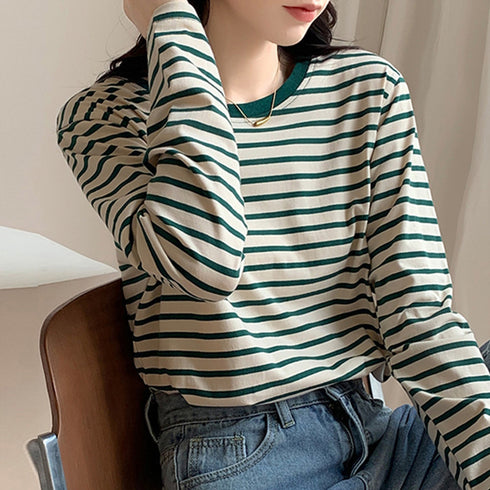 ボーダー柄tシャツ 長袖カットソー 春秋 レディース カラーボーダー ロンT ラウンドネック おしゃれ レトロTシャツ クルーネック プルオーバー 大人カジュアル 84CPMY-004