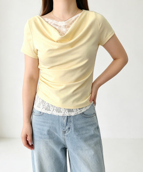 レースドッキングオフショルTシャツ 半袖 レディース オフショルダータイトトップス 上品ドレープカットソー 華奢見えアシメネック肌見せフェミニンプルオーバー韓国風 84CPMY-005