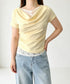 レースドッキングオフショルTシャツ 半袖 レディース オフショルダータイトトップス 上品ドレープカットソー 華奢見えアシメネック肌見せフェミニンプルオーバー韓国風 84CPMY-005