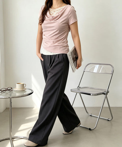 レースドッキングオフショルTシャツ 半袖 レディース オフショルダータイトトップス 上品ドレープカットソー 華奢見えアシメネック肌見せフェミニンプルオーバー韓国風 84CPMY-005