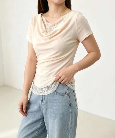 レースドッキングオフショルTシャツ 半袖 レディース オフショルダータイトトップス 上品ドレープカットソー 華奢見えアシメネック肌見せフェミニンプルオーバー韓国風 84CPMY-005