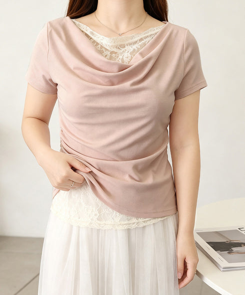 レースドッキングオフショルTシャツ 半袖 レディース オフショルダータイトトップス 上品ドレープカットソー 華奢見えアシメネック肌見せフェミニンプルオーバー韓国風 84CPMY-005