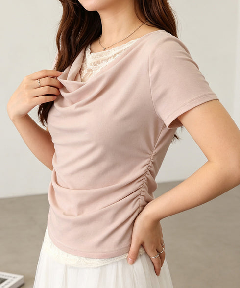 レースドッキングオフショルTシャツ 半袖 レディース オフショルダータイトトップス 上品ドレープカットソー 華奢見えアシメネック肌見せフェミニンプルオーバー韓国風 84CPMY-005