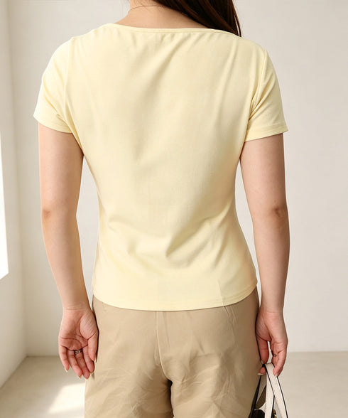 レースドッキングオフショルTシャツ 半袖 レディース オフショルダータイトトップス 上品ドレープカットソー 華奢見えアシメネック肌見せフェミニンプルオーバー韓国風 84CPMY-005