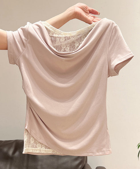 レースドッキングオフショルTシャツ 半袖 レディース オフショルダータイトトップス 上品ドレープカットソー 華奢見えアシメネック肌見せフェミニンプルオーバー韓国風 84CPMY-005