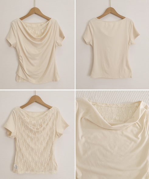 レースドッキングオフショルTシャツ 半袖 レディース オフショルダータイトトップス 上品ドレープカットソー 華奢見えアシメネック肌見せフェミニンプルオーバー韓国風 84CPMY-005