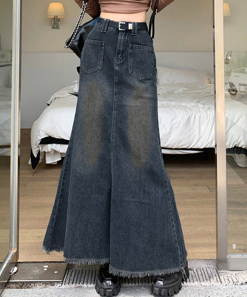 フリンジデニムスカートマーメイドスカート レディース ハイウエスト ヴィンテージ デニムスカート ブリーチ Aラインスカート 体型カバー カジュアルロングスカート 84DAIW-001