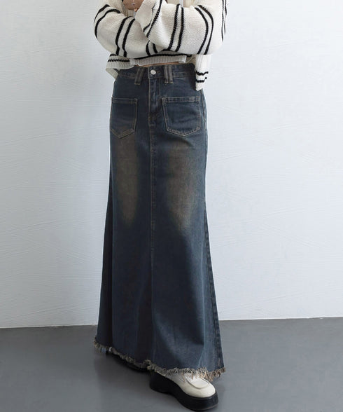 フリンジデニムスカートマーメイドスカート レディース ハイウエスト ヴィンテージ デニムスカート ブリーチ Aラインスカート 体型カバー カジュアルロングスカート 84DAIW-001