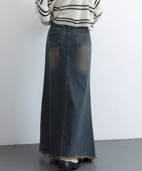 フリンジデニムスカートマーメイドスカート レディース ハイウエスト ヴィンテージ デニムスカート ブリーチ Aラインスカート 体型カバー カジュアルロングスカート 84DAIW-001