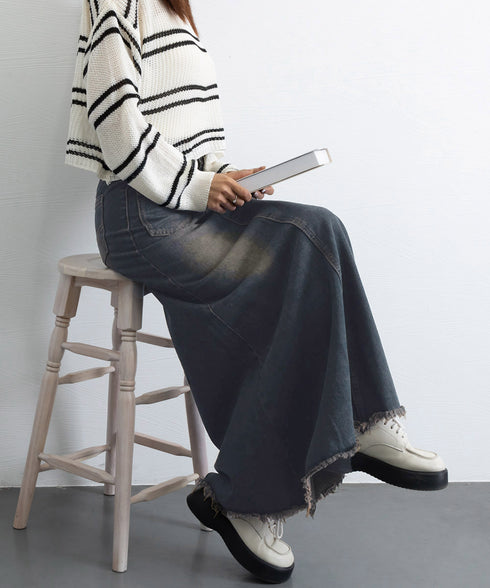 フリンジデニムスカートマーメイドスカート レディース ハイウエスト ヴィンテージ デニムスカート ブリーチ Aラインスカート 体型カバー カジュアルロングスカート 84DAIW-001