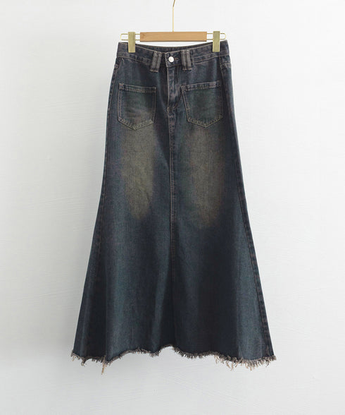 フリンジデニムスカートマーメイドスカート レディース ハイウエスト ヴィンテージ デニムスカート ブリーチ Aラインスカート 体型カバー カジュアルロングスカート 84DAIW-001