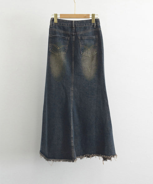フリンジデニムスカートマーメイドスカート レディース ハイウエスト ヴィンテージ デニムスカート ブリーチ Aラインスカート 体型カバー カジュアルロングスカート 84DAIW-001