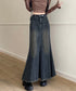 フリンジデニムスカートマーメイドスカート レディース ハイウエスト ヴィンテージ デニムスカート ブリーチ Aラインスカート 体型カバー カジュアルロングスカート 84DAIW-001