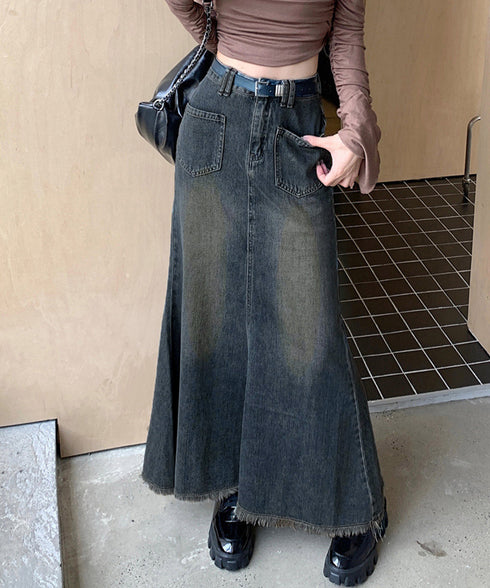 フリンジデニムスカートマーメイドスカート レディース ハイウエスト ヴィンテージ デニムスカート ブリーチ Aラインスカート 体型カバー カジュアルロングスカート 84DAIW-001