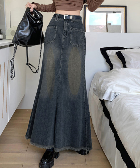 フリンジデニムスカートマーメイドスカート レディース ハイウエスト ヴィンテージ デニムスカート ブリーチ Aラインスカート 体型カバー カジュアルロングスカート 84DAIW-001