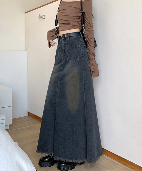 フリンジデニムスカートマーメイドスカート レディース ハイウエスト ヴィンテージ デニムスカート ブリーチ Aラインスカート 体型カバー カジュアルロングスカート 84DAIW-001