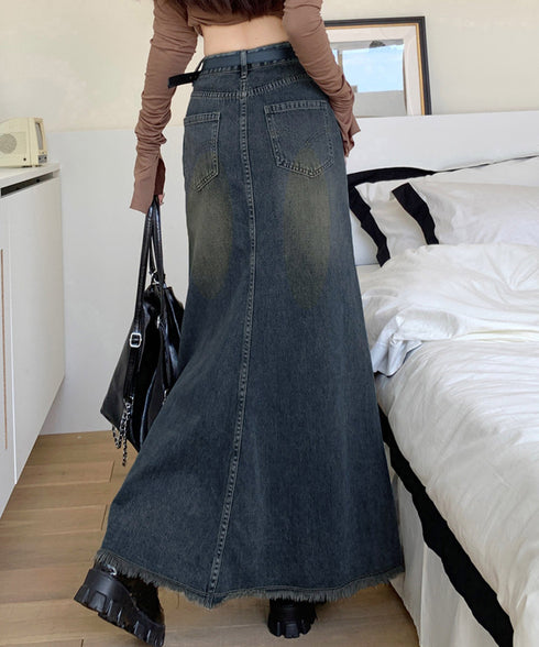 フリンジデニムスカートマーメイドスカート レディース ハイウエスト ヴィンテージ デニムスカート ブリーチ Aラインスカート 体型カバー カジュアルロングスカート 84DAIW-001