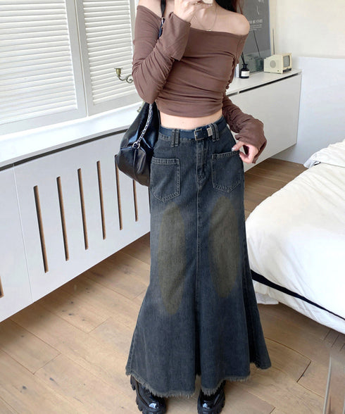 フリンジデニムスカートマーメイドスカート レディース ハイウエスト ヴィンテージ デニムスカート ブリーチ Aラインスカート 体型カバー カジュアルロングスカート 84DAIW-001