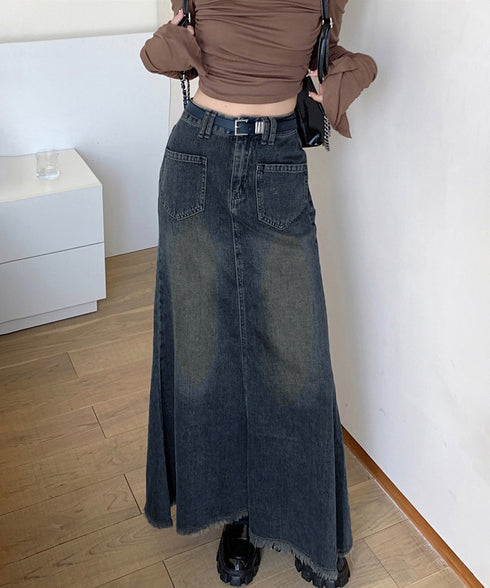 フリンジデニムスカートマーメイドスカート レディース ハイウエスト ヴィンテージ デニムスカート ブリーチ Aラインスカート 体型カバー カジュアルロングスカート 84DAIW-001