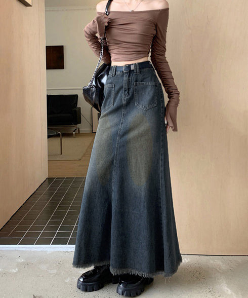フリンジデニムスカートマーメイドスカート レディース ハイウエスト ヴィンテージ デニムスカート ブリーチ Aラインスカート 体型カバー カジュアルロングスカート 84DAIW-001