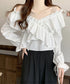 フリルブラウス オフショルブラウス 長袖 レディース マルチウェイ リボンショート丈ブラウス 韓国風大人可愛い Vネック薄手ブラウス着やせフェミニン クロスフリル 84DAIW-002