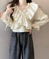 フリルブラウス オフショルブラウス 長袖 レディース マルチウェイ リボンショート丈ブラウス 韓国風大人可愛い Vネック薄手ブラウス着やせフェミニン クロスフリル 84DAIW-002
