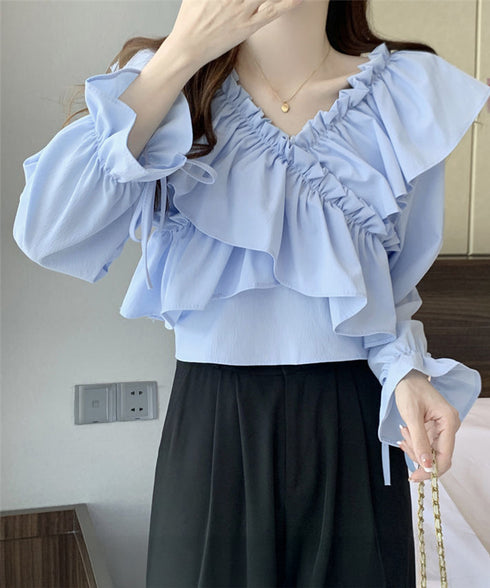 フリルブラウス オフショルブラウス 長袖 レディース マルチウェイ リボンショート丈ブラウス 韓国風大人可愛い Vネック薄手ブラウス着やせフェミニン クロスフリル 84DAIW-002