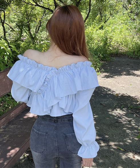 フリルブラウス オフショルブラウス 長袖 レディース マルチウェイ リボンショート丈ブラウス 韓国風大人可愛い Vネック薄手ブラウス着やせフェミニン クロスフリル 84DAIW-002