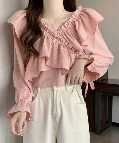 フリルブラウス オフショルブラウス 長袖 レディース マルチウェイ リボンショート丈ブラウス 韓国風大人可愛い Vネック薄手ブラウス着やせフェミニン クロスフリル 84DAIW-002