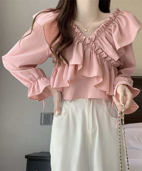 フリルブラウス オフショルブラウス 長袖 レディース マルチウェイ リボンショート丈ブラウス 韓国風大人可愛い Vネック薄手ブラウス着やせフェミニン クロスフリル 84DAIW-002