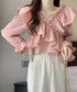 フリルブラウス オフショルブラウス 長袖 レディース マルチウェイ リボンショート丈ブラウス 韓国風大人可愛い Vネック薄手ブラウス着やせフェミニン クロスフリル 84DAIW-002