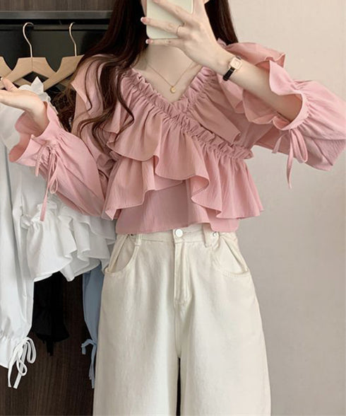 フリルブラウス オフショルブラウス 長袖 レディース マルチウェイ リボンショート丈ブラウス 韓国風大人可愛い Vネック薄手ブラウス着やせフェミニン クロスフリル 84DAIW-002