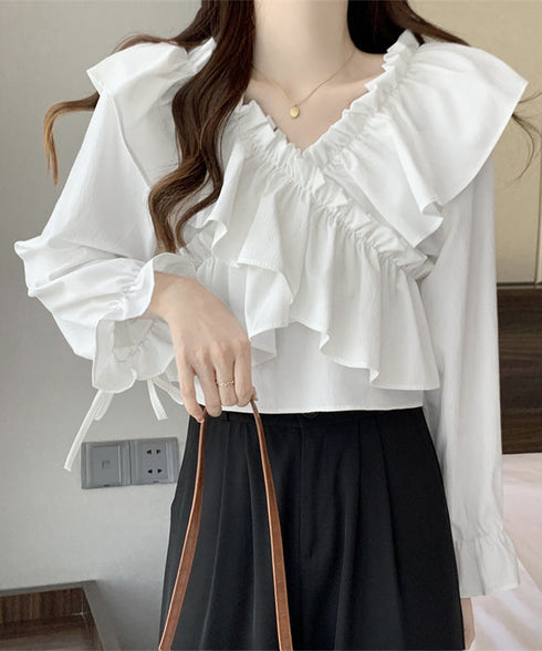フリルブラウス オフショルブラウス 長袖 レディース マルチウェイ リボンショート丈ブラウス 韓国風大人可愛い Vネック薄手ブラウス着やせフェミニン クロスフリル 84DAIW-002