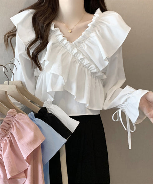 フリルブラウス オフショルブラウス 長袖 レディース マルチウェイ リボンショート丈ブラウス 韓国風大人可愛い Vネック薄手ブラウス着やせフェミニン クロスフリル 84DAIW-002