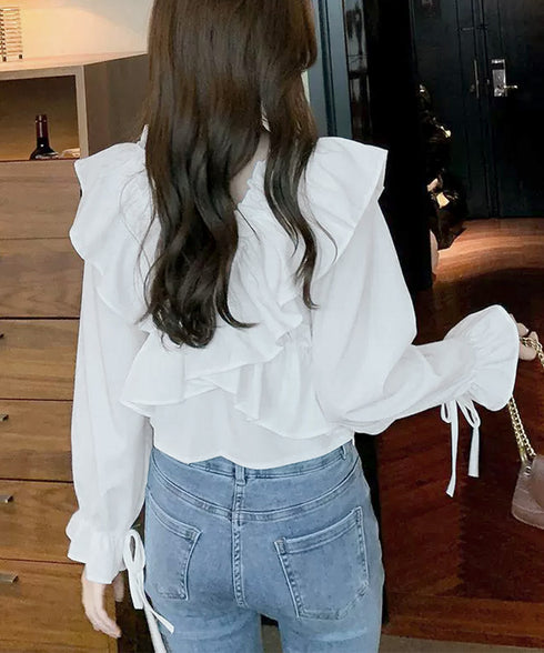 フリルブラウス オフショルブラウス 長袖 レディース マルチウェイ リボンショート丈ブラウス 韓国風大人可愛い Vネック薄手ブラウス着やせフェミニン クロスフリル 84DAIW-002