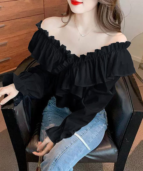 フリルブラウス オフショルブラウス 長袖 レディース マルチウェイ リボンショート丈ブラウス 韓国風大人可愛い Vネック薄手ブラウス着やせフェミニン クロスフリル 84DAIW-002