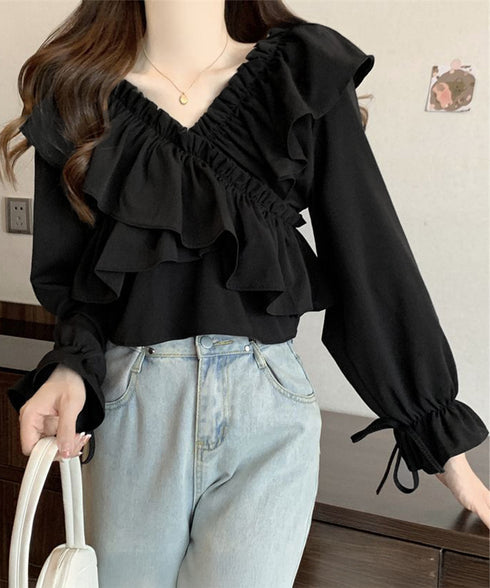 フリルブラウス オフショルブラウス 長袖 レディース マルチウェイ リボンショート丈ブラウス 韓国風大人可愛い Vネック薄手ブラウス着やせフェミニン クロスフリル 84DAIW-002