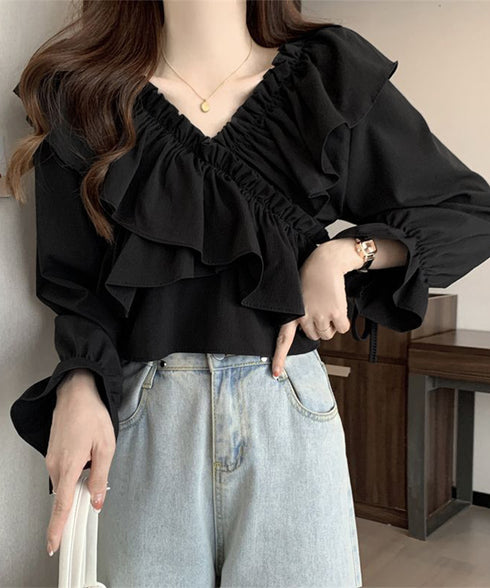 フリルブラウス オフショルブラウス 長袖 レディース マルチウェイ リボンショート丈ブラウス 韓国風大人可愛い Vネック薄手ブラウス着やせフェミニン クロスフリル 84DAIW-002