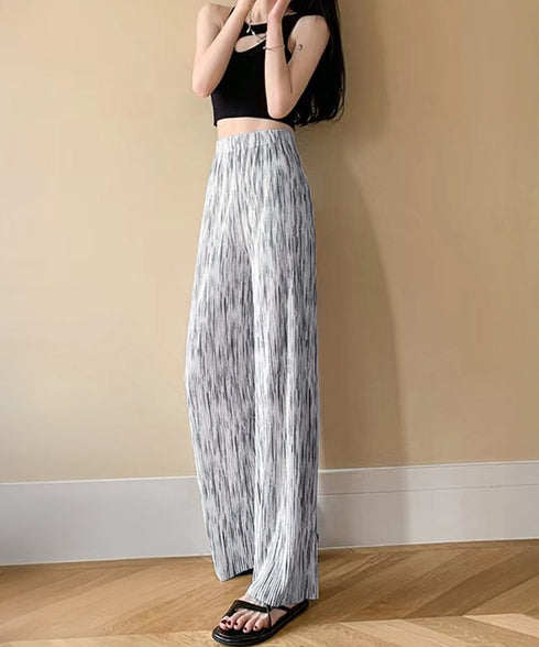 プリーツパンツ きれいめワイドパンツ春夏 美脚脚長ロングパンツレディース グラデーションパンツ体型カバー ウエストゴム楽ちんパンツ イージーパンツ 韓国風ボトムス 84DAIW-003