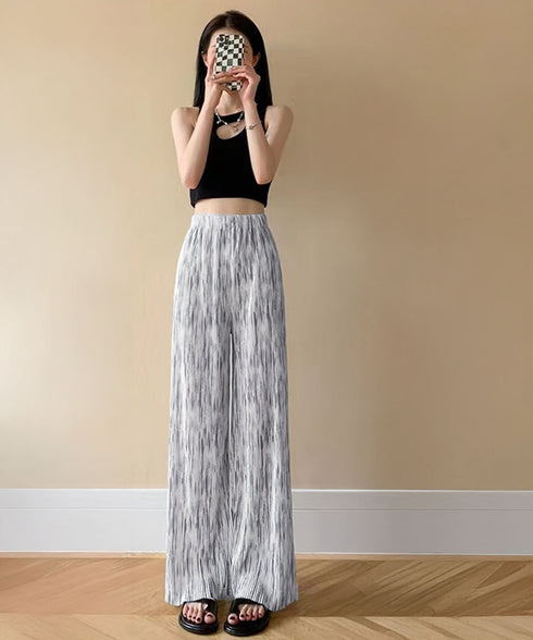 プリーツパンツ きれいめワイドパンツ春夏 美脚脚長ロングパンツレディース グラデーションパンツ体型カバー ウエストゴム楽ちんパンツ イージーパンツ 韓国風ボトムス 84DAIW-003