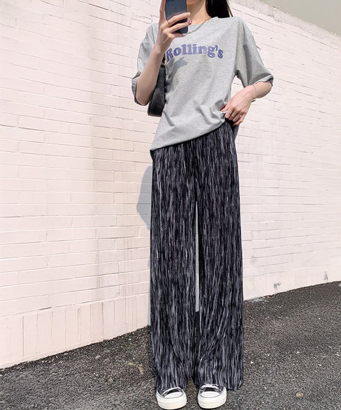 プリーツパンツ きれいめワイドパンツ春夏 美脚脚長ロングパンツレディース グラデーションパンツ体型カバー ウエストゴム楽ちんパンツ イージーパンツ 韓国風ボトムス 84DAIW-003