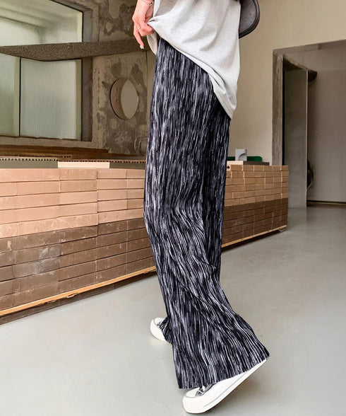 プリーツパンツ きれいめワイドパンツ春夏 美脚脚長ロングパンツレディース グラデーションパンツ体型カバー ウエストゴム楽ちんパンツ イージーパンツ 韓国風ボトムス 84DAIW-003