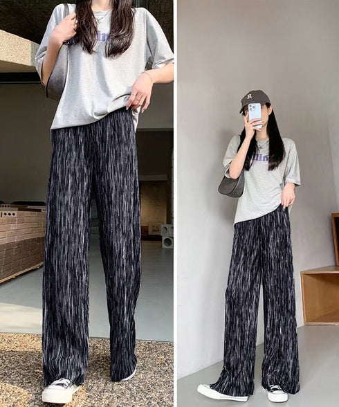 プリーツパンツ きれいめワイドパンツ春夏 美脚脚長ロングパンツレディース グラデーションパンツ体型カバー ウエストゴム楽ちんパンツ イージーパンツ 韓国風ボトムス 84DAIW-003