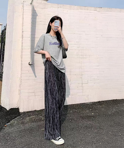 プリーツパンツ きれいめワイドパンツ春夏 美脚脚長ロングパンツレディース グラデーションパンツ体型カバー ウエストゴム楽ちんパンツ イージーパンツ 韓国風ボトムス 84DAIW-003