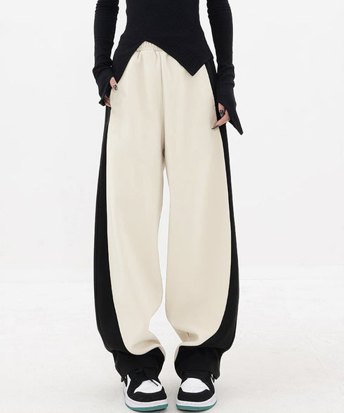 バイカラーワイドパンツ 韓国系ストリート レディース ハイウエストパンツ ウエストゴム パネルラインパンツ ゆったりランニングパンツ カジュアル ダンスパンツ人気 84DAIW-004