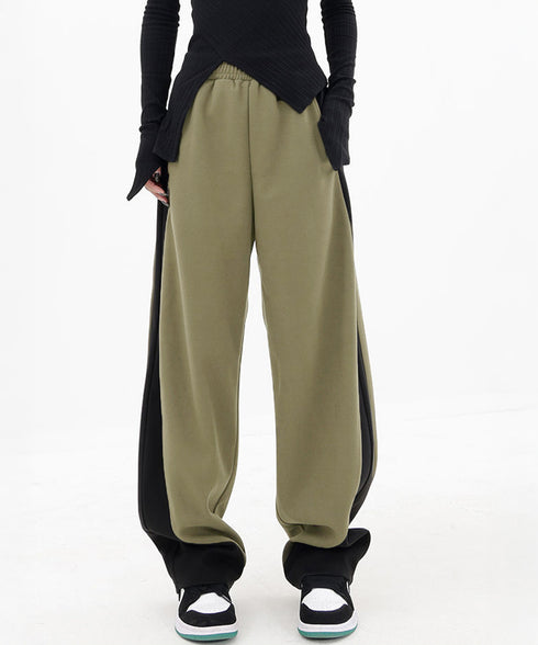 バイカラーワイドパンツ 韓国系ストリート レディース ハイウエストパンツ ウエストゴム パネルラインパンツ ゆったりランニングパンツ カジュアル ダンスパンツ人気 84DAIW-004